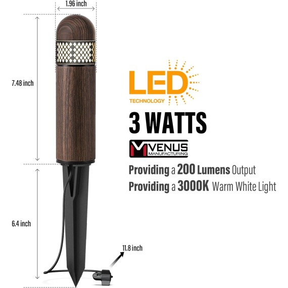 Low Voltage Landscape Lights LED Bollard Pathway Lights Kits 3W Outdoor Landscape Lighting 200Lumen Path Light 3000K Warm White Wired Walkway Sideway Woodgrain Path Lights 6PK