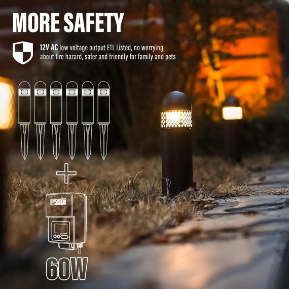 Low Voltage Landscape Lights LED Bollard Pathway Lights Kits 3W Outdoor Landscape Lighting 200Lumen Path Light 3000K Warm White Wired Walkway Sideway Woodgrain Path Lights 6PK