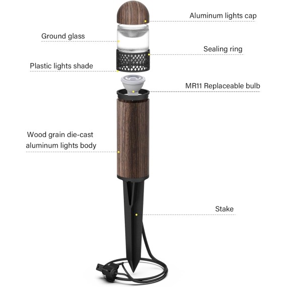 Low Voltage Landscape Lights LED Bollard Pathway Lights Kits 3W Outdoor Landscape Lighting 200Lumen Path Light 3000K Warm White Wired Walkway Sideway Woodgrain Path Lights 6PK