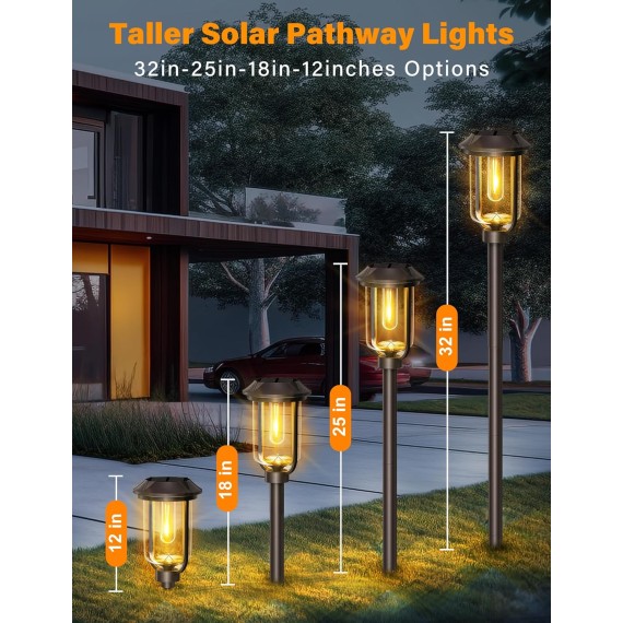 2LED Solar Pathway Lights Outdoor, 1200mAh Solar Path Lights 6Pack, 32in Pathway Lights Solar Powered, IP65 Waterproof Solar Lights for Outside Path Walkway Backyard Landscape Lawn, Black