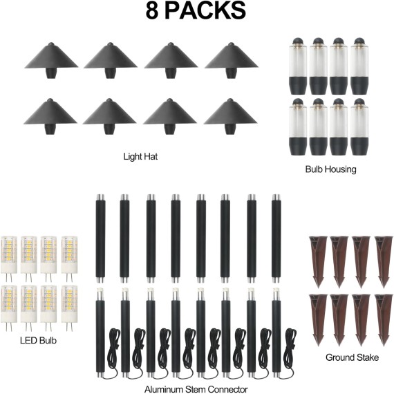 Landscape Lighting, Landscape Pathway Lights, 3W LED 12V Low Voltage LED 270 Lumen Warm White Cast-Aluminum Waterproof for Yard, Lawn, Garden, Porch and Patio Outdoor Lighting (8PK, Black)