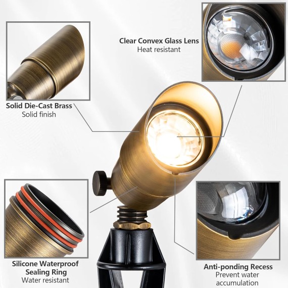 Solid Brass Landscape Light Low Voltage 12V Outdoor Brass Landscape Spotlights with 5W MR16 LED Bulb 3000K Warm White, IP65 Waterproof Up Light Landscape Lighting for Tree Garden Yard, 4-Pack