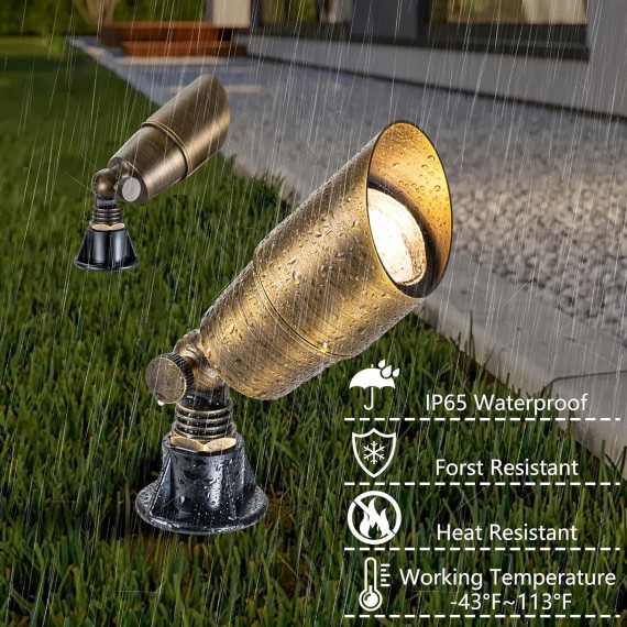 Solid Brass Landscape Light Low Voltage 12V Outdoor Brass Landscape Spotlights with 5W MR16 LED Bulb 3000K Warm White, IP65 Waterproof Up Light Landscape Lighting for Tree Garden Yard, 4-Pack