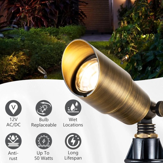 Solid Brass Landscape Light Low Voltage 12V Outdoor Brass Landscape Spotlights with 5W MR16 LED Bulb 3000K Warm White, IP65 Waterproof Up Light Landscape Lighting for Tree Garden Yard, 4-Pack