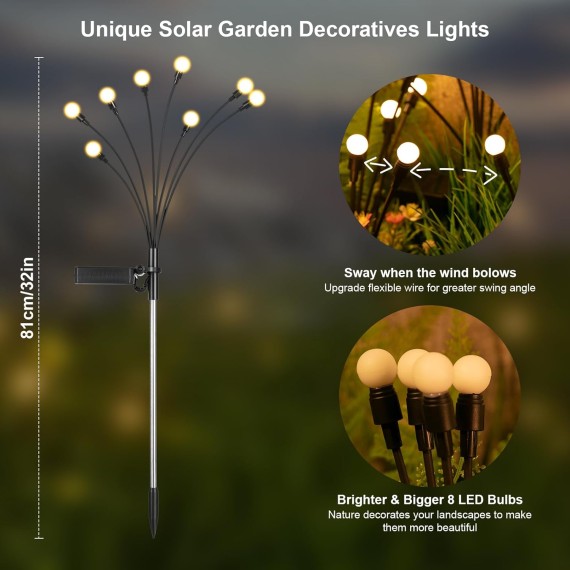 Solar Garden Lights, 8 Pack 64 LED Solar Outdoor Lights, Outdoor Decorations Lights, Solar Swaying Lights, Firefly Lights for Patio Pathway Outdoor Decor, Big Bulb Solar Swaying Light