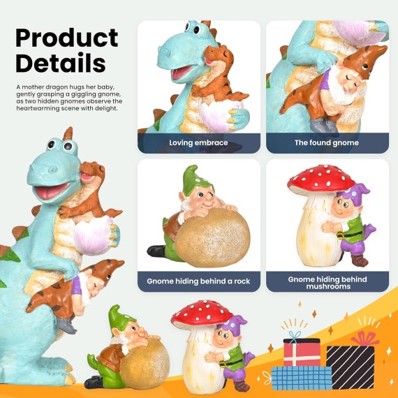 Dinosaur Gnomes Garden Statues Yard Decorations Outdoor Decor, Unique Dinosaur Gnome Housewarming Gifts for Mom. Women