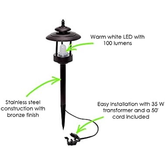 GreenLighting Outdoor Landscape Lighting Kit - 100 Lumen Low Voltage Landscape Lights - LED Landscape Path Lights - 6 Low Voltage Pathway Lights with Transformer (Bronze)