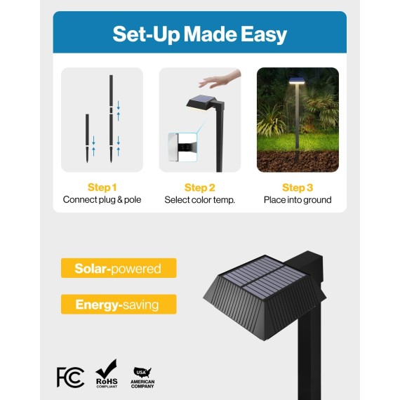 6 Pack 2W Solar Sidewalk Dusk to Dawn Outdoor Backyard Walkway Garden Driveway Landscape Waterproof Patio Yard Lawn Super Bright Path Lights, 100 Lumens, 3CCT 3000K/5000K/7000K, Non-Dimmable