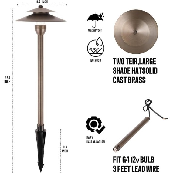 Outdoor Low Voltage Solid Brass Pathway Lights Fixture, China Hat Two Layers Landscape Path Lights for Lawn Patio Yard Walkway Driveway Pathway Garden,2 PACK（without Bulb）