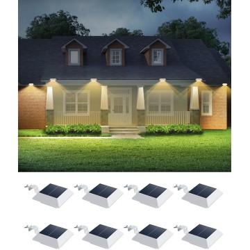 8 Pack Solar Powered Gutter Lights Outdoor Decorative Waterproof 12 LEDs Yard Lamp for Fence, Railing, Outside Wall, Deck, Garden, Path, Backyard, Walkway, Patio, No Drilling Installation (Warm White)