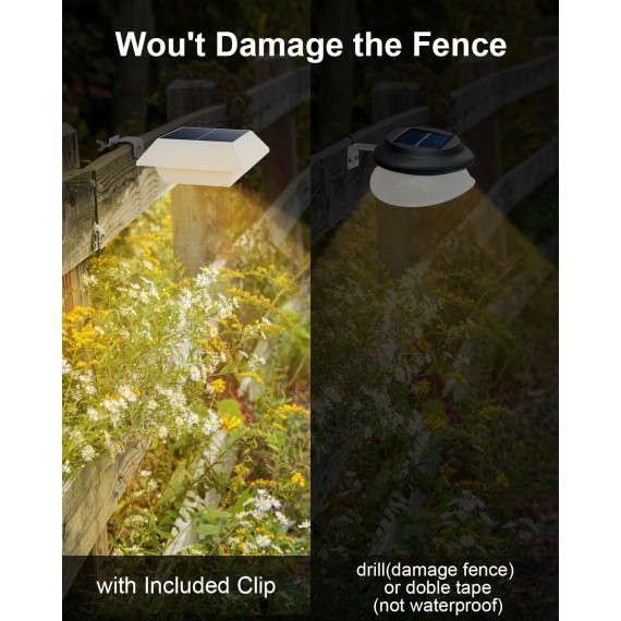 8 Pack Solar Powered Gutter Lights Outdoor Decorative Waterproof 12 LEDs Yard Lamp for Fence, Railing, Outside Wall, Deck, Garden, Path, Backyard, Walkway, Patio, No Drilling Installation (Warm White)