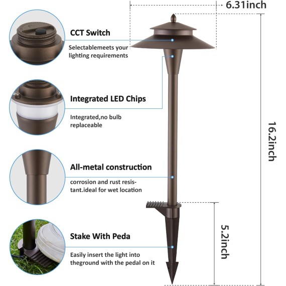 LED Low Voltage Landscape Lights,5W 5CCT Pathway Lights,Low Voltage 12-24V AC/DC Waterproof Landscape Path Lights,CRI90 Landscape Lighting for Yard Garden Walkway ETL Listed Cord, Pack of 6